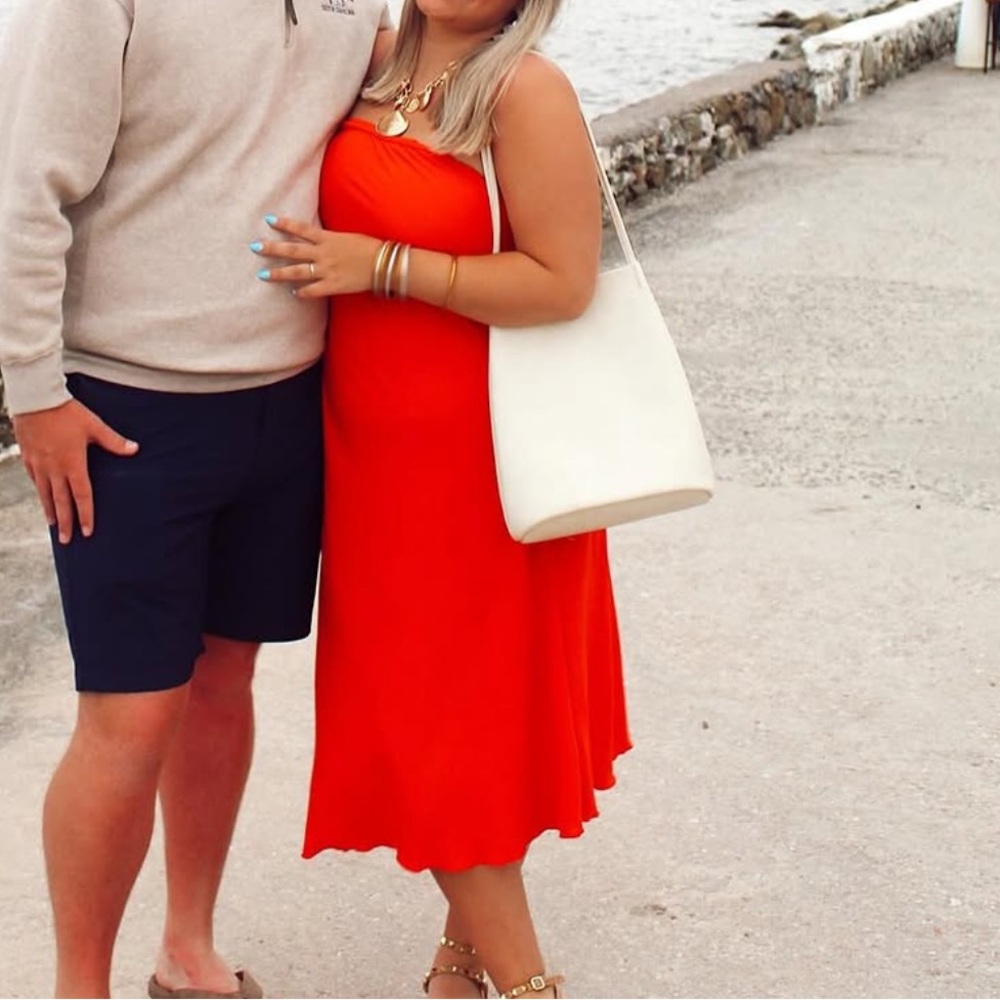 See You Monday Vibrant Orange Strapless Midi Dress